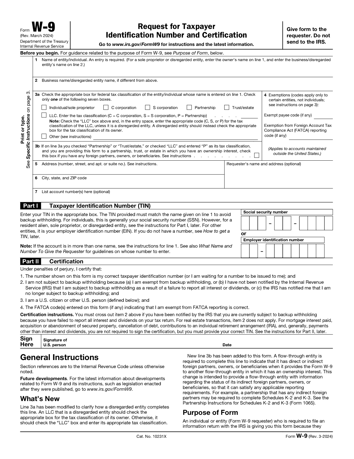 Page 1 of IRS Form W-9 (Rev. March 2024) with all seven numbered lines and both parts visible: Line 1 name of entity or individual, Line 2 business name, Line 3a with seven tax classification checkboxes, Line 3b foreign partners, Line 4 exemption codes, Lines 5 and 6 address, Line 7 account numbers, Part I taxpayer identification number, Part II certification.